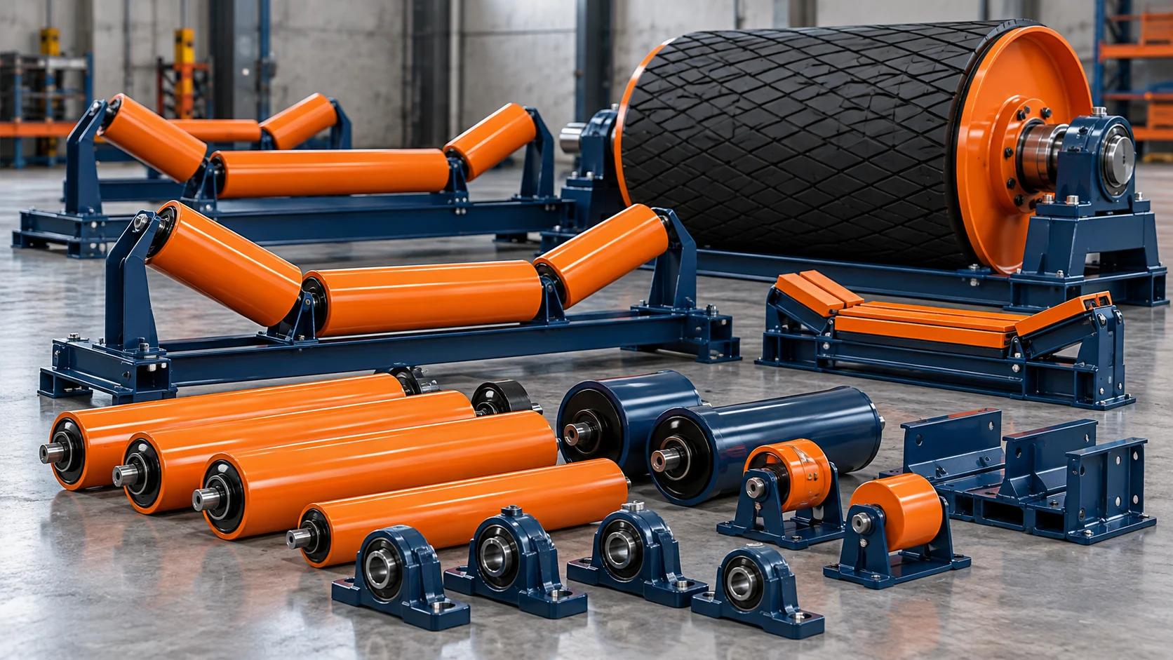 Illustrative arrangement of conveyor rollers, idlers, bearings, and a drum pulley