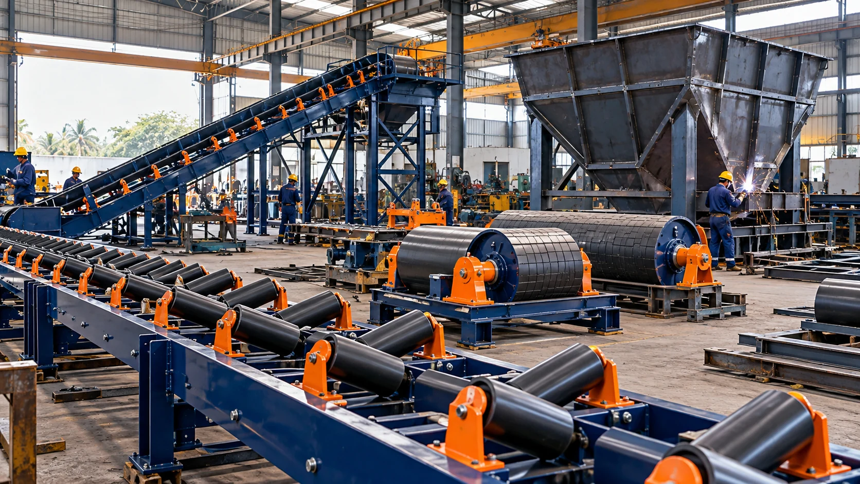 Illustrative conveyor fabrication workshop with steel frames and material-handling components