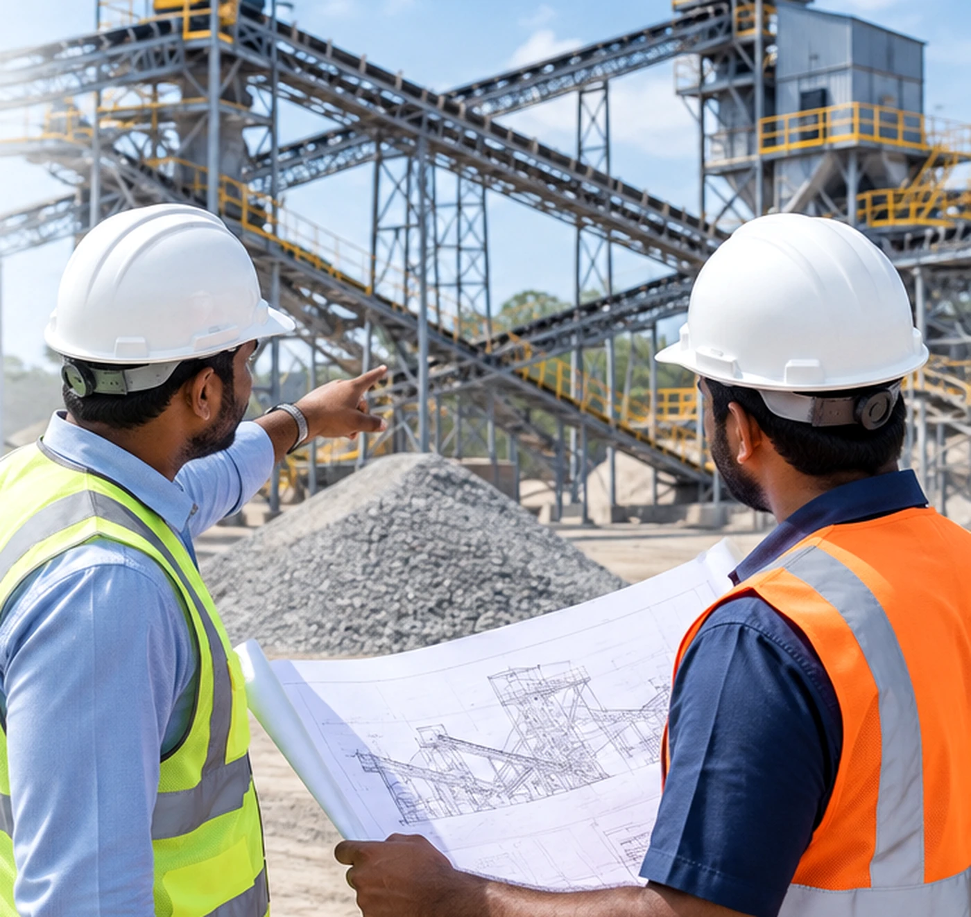 Engineers reviewing material-handling plans beside a conveyor and aggregate processing plant