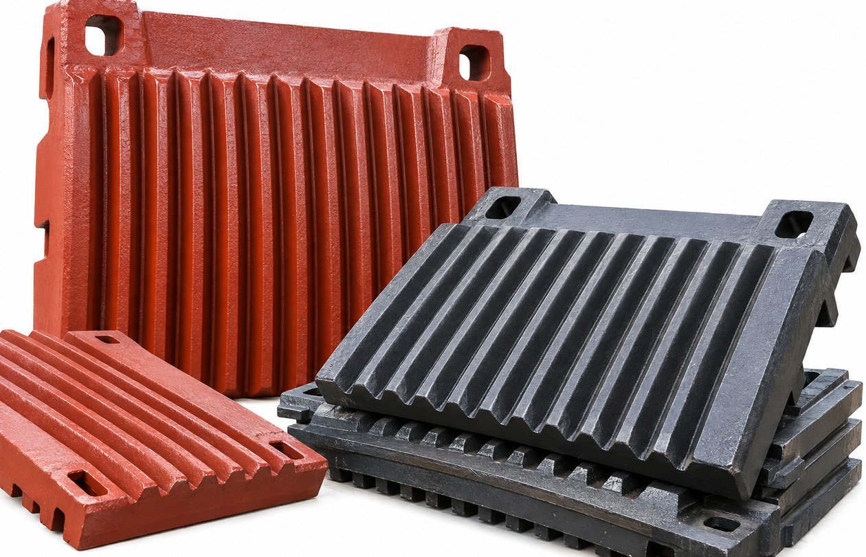 Jaw crusher plates with ribbed wear surfaces