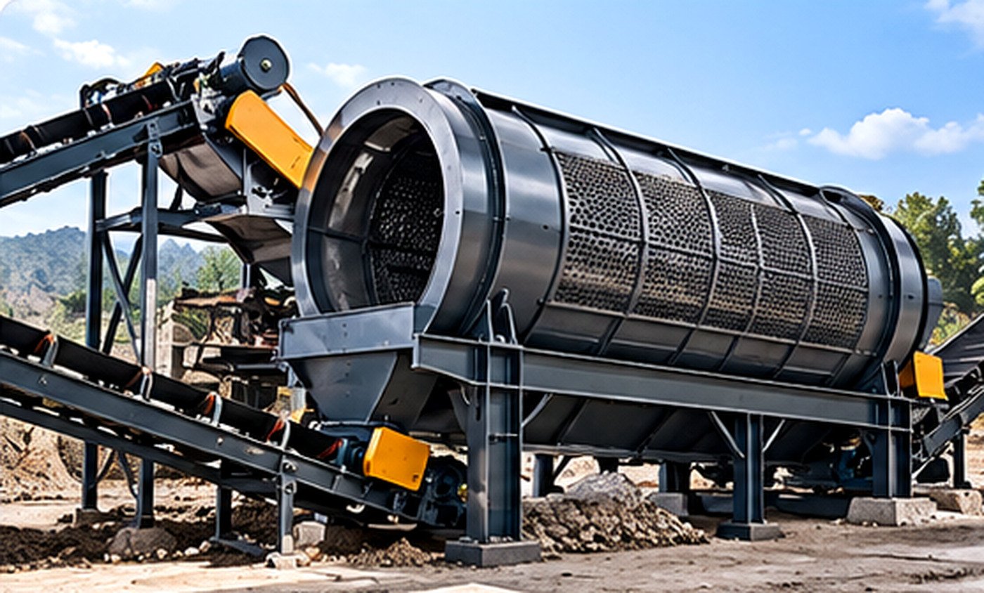 Rotary trommel screening equipment at a processing site
