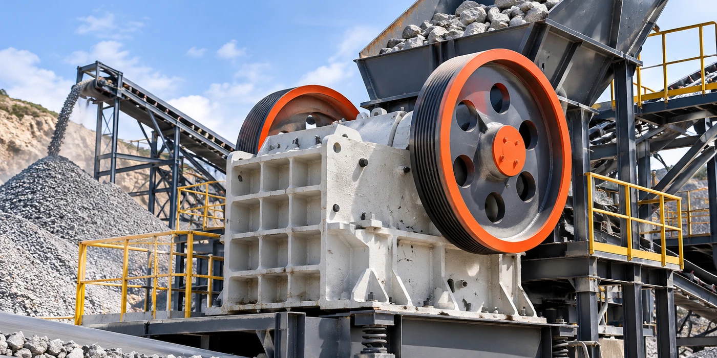 Jaw crusher in a quarry material-processing plant